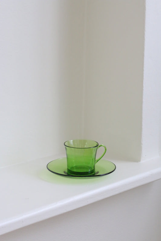 Vintage Duralex Green Glass Mug & Saucer Set